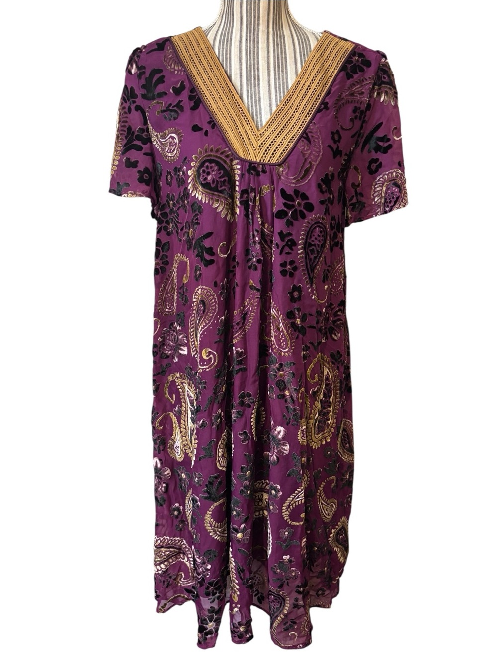 Piper & Scoot Dress Large Aldie Burnout Crushed Velvet Purple Gold Paisley Midi